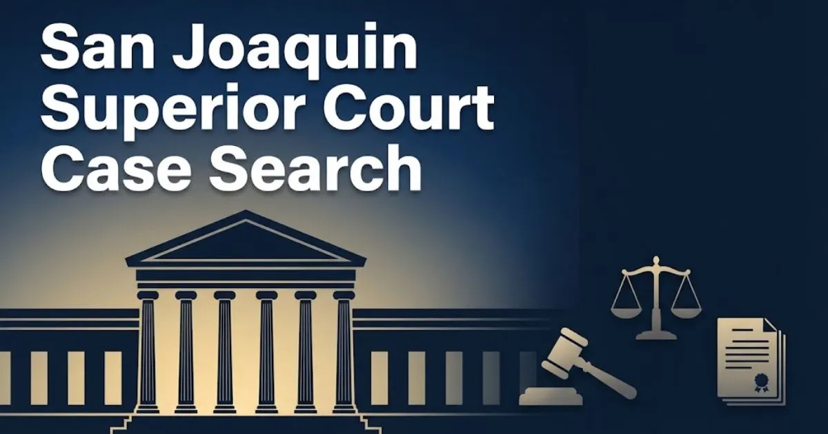 San Joaquin Superior Court case search banner with courthouse silhouette and legal icons in navy and gold