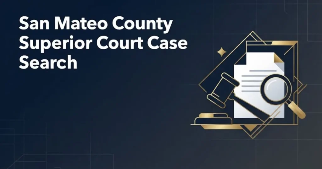 San Mateo County Superior Court Case Search banner with legal icons and navy blue background