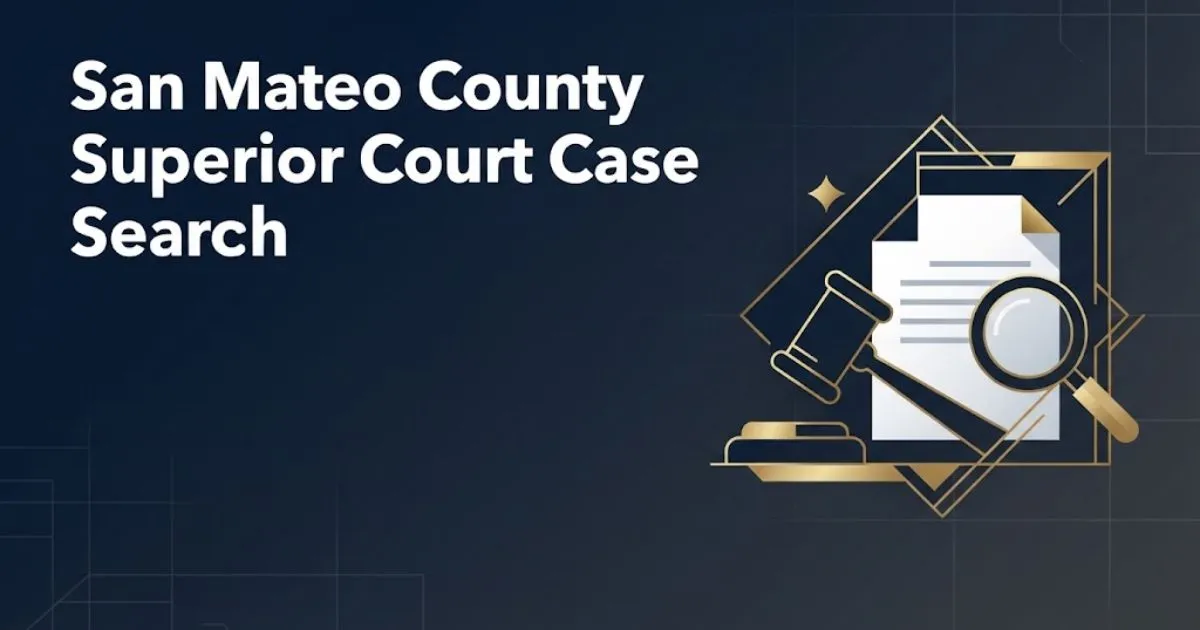 San Mateo County Superior Court Case Search banner with legal icons and navy blue background