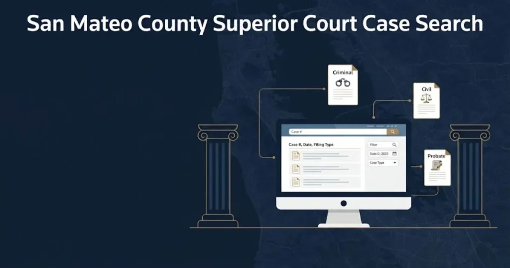 San Mateo County Superior Court Case Search graphic showing digital records and courthouse icons