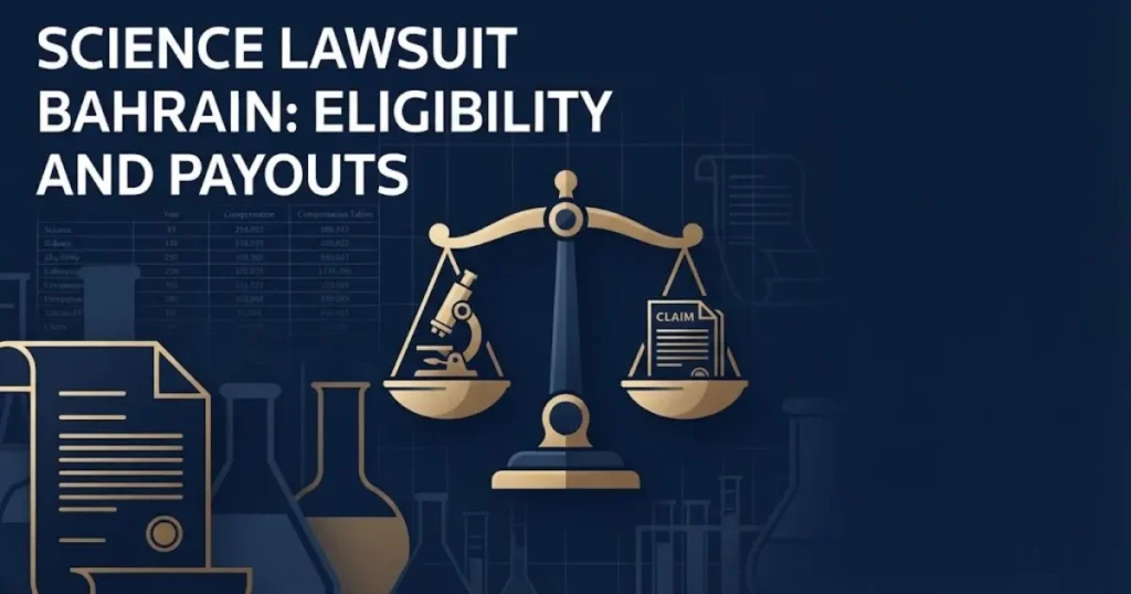 Science lawsuit bahrain eligibility and payouts graphic with legal and science icons in navy and gold