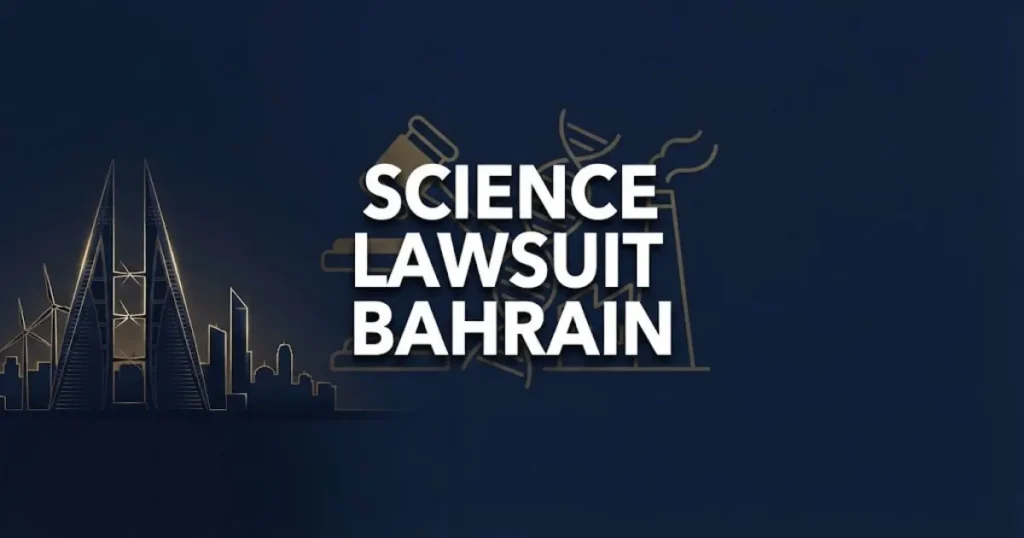 Science lawsuit bahrain hero banner with legal icons and Bahrain skyline silhouette in navy and gold