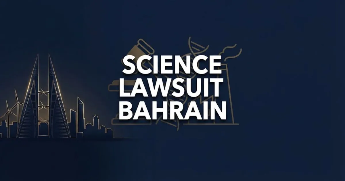 Science lawsuit bahrain hero banner with legal icons and Bahrain skyline silhouette in navy and gold