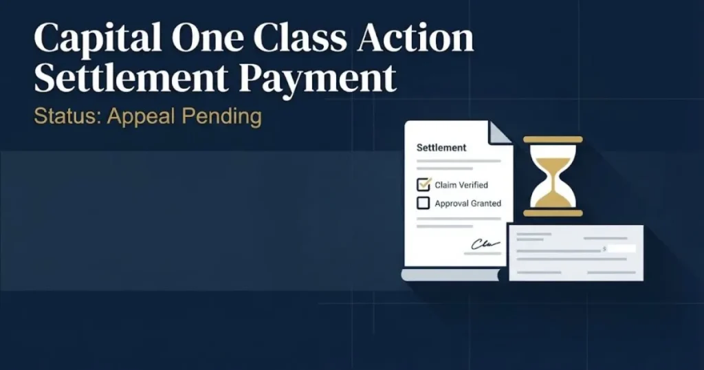 Settlement eligibility checklist graphic titled Capital One Class Action Settlement Payment status
