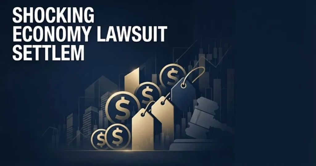 Shocking economy lawsuit hero banner with gavel silhouette, price tags, and bold headline text on navy background