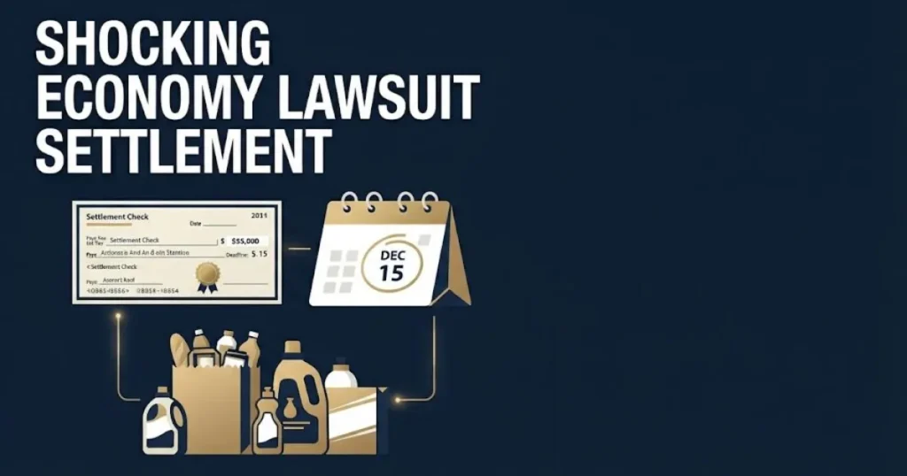 Shocking economy lawsuit settlement graphic with check illustration, deadline calendar, and consumer product icons