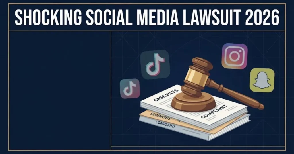Shocking social media lawsuit 2026 supporting graphic with gavel and social media icons on navy background