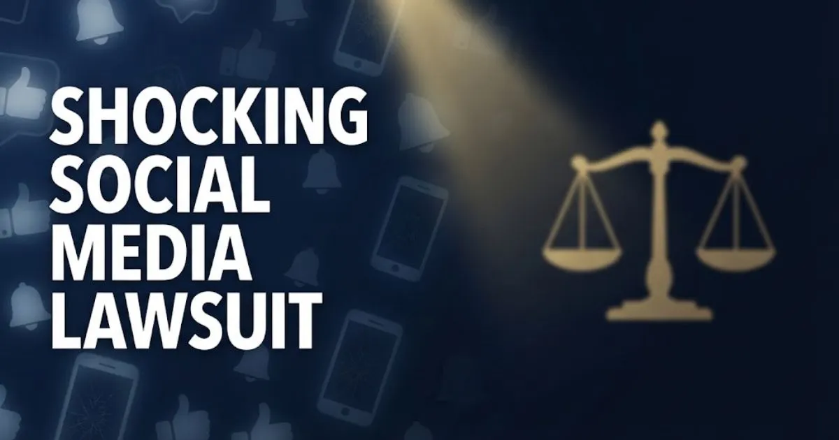 Shocking social media lawsuit hero banner with justice scales and broken phone icons on navy background