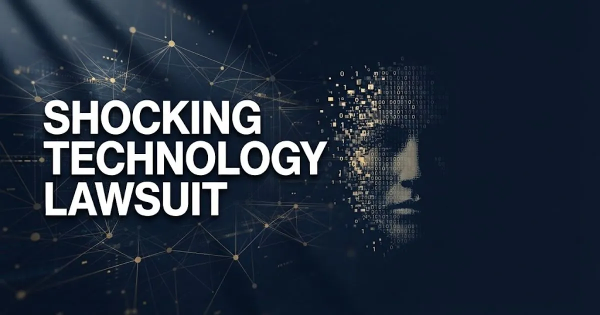 Shocking technology lawsuit hero banner with biometric data visualization and digital network background in navy and gold