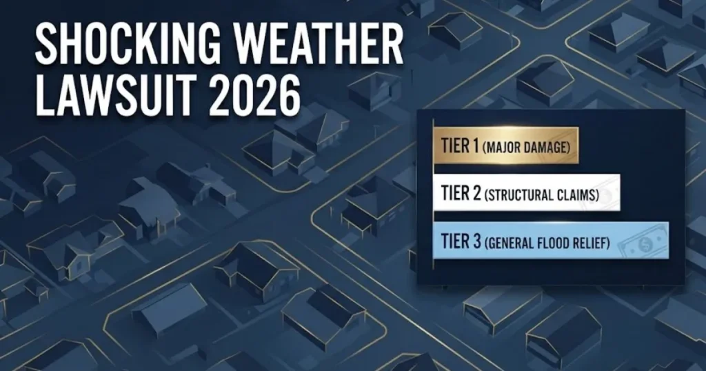 Shocking weather lawsuit 2026 settlement tiers infographic with flooded neighborhood illustration