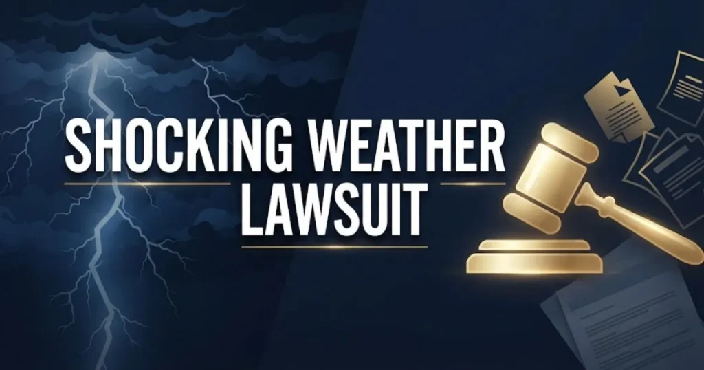 Shocking weather lawsuit hero banner with storm imagery and legal gavel icon in navy and gold