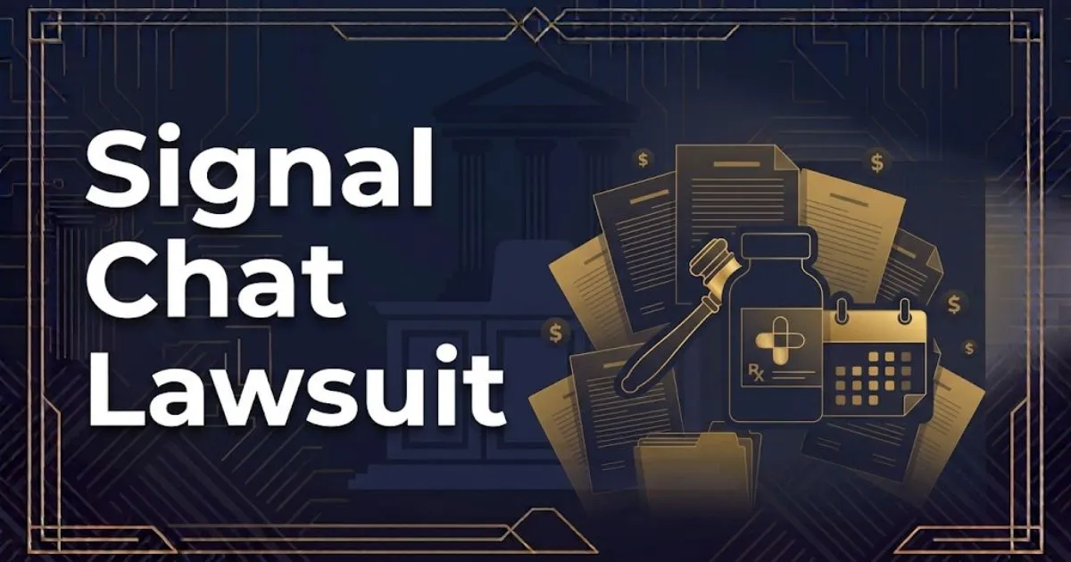 Signal chat lawsuit hero banner with encrypted messaging legal theme in navy and gold
