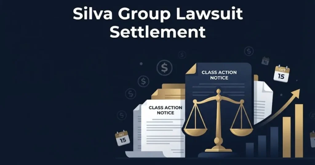 Silva group lawsuit settlement graphic with legal documents and payout chart visuals
