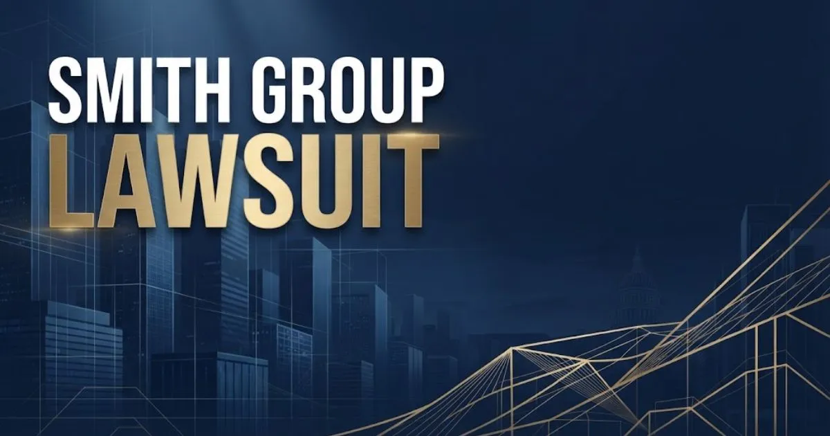 Smith Group Lawsuit hero banner with navy blue cityscape and gold legal typography