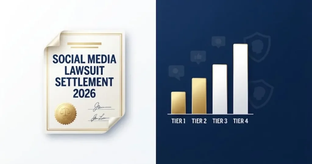 Social media lawsuit settlement 2026 graphic showing compensation tiers and legal document icon on navy background