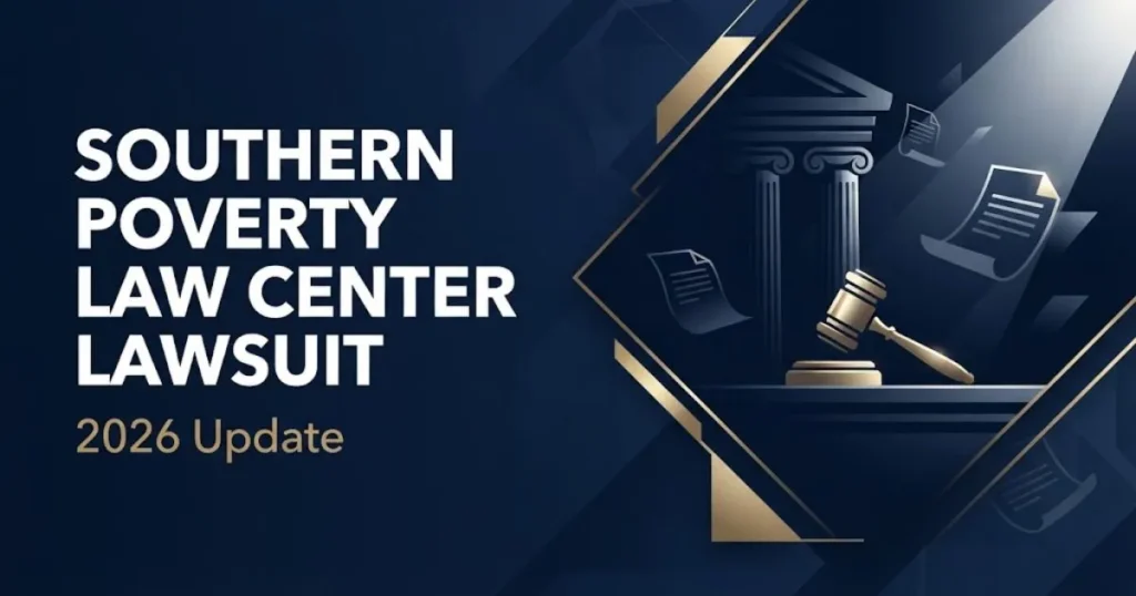 Southern poverty law center lawsuit 2026 hero banner with navy background and gold legal icons.