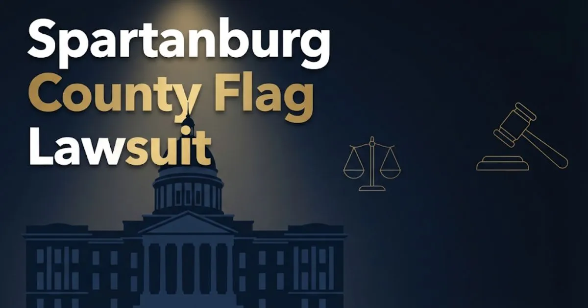Spartanburg County flag lawsuit hero banner with courthouse silhouette and legal symbols in navy and gold