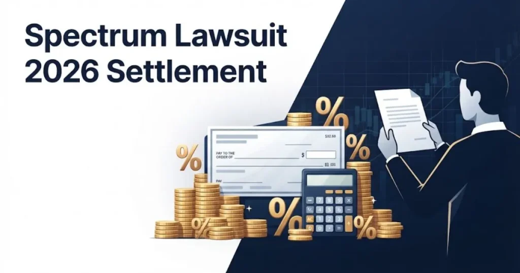 Spectrum Lawsuit 2026 settlement graphic with check and coins on navy blue background
