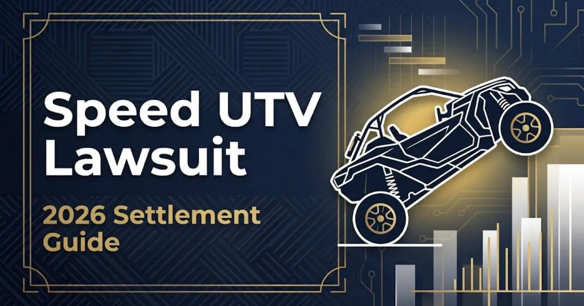 Speed UTV lawsuit hero banner showing a tipped UTV silhouette with 2026 settlement guide text on navy background