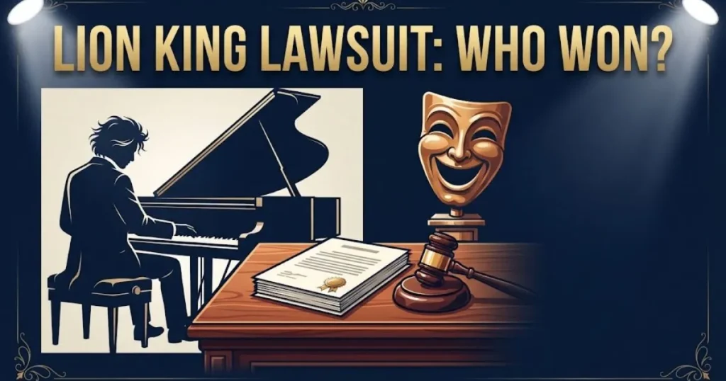 Split graphic for the Lion King lawsuit showing a composer silhouette and a comedy mask separated by legal documents and a gavel.