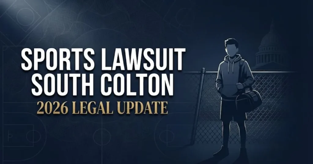 Sports lawsuit South Colton 2026 hero banner with legal and athletic imagery on navy background