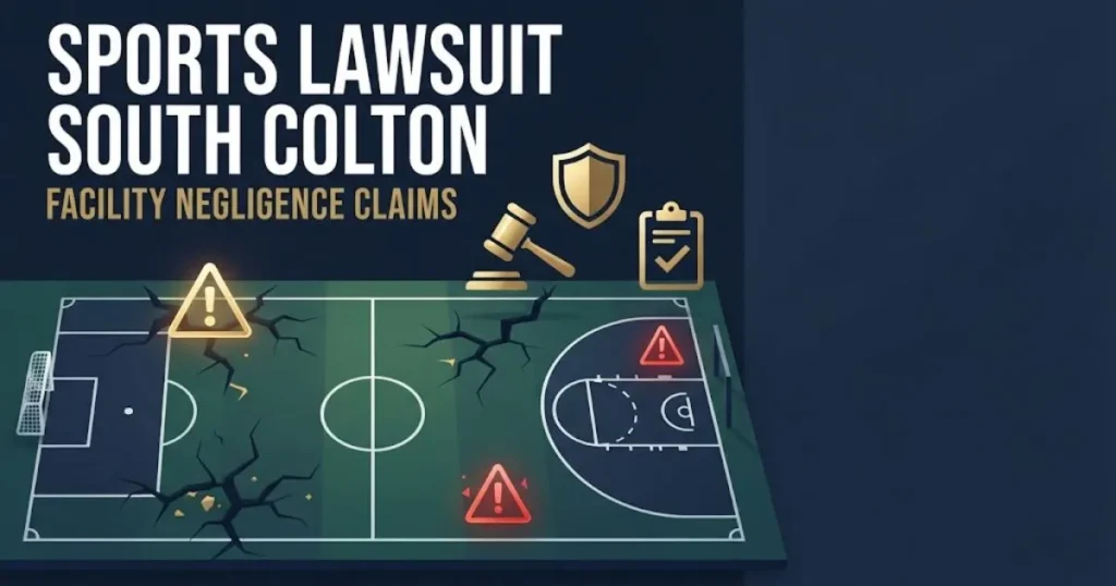 Sports lawsuit South Colton facility negligence graphic showing field hazards and legal icons