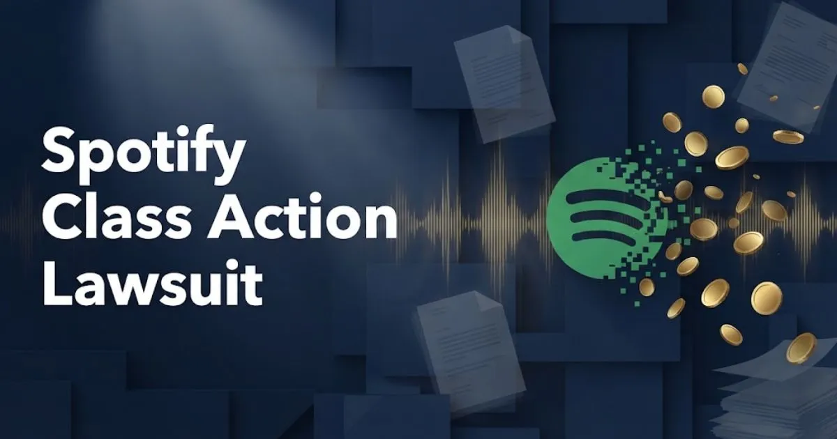 Spotify class action lawsuit banner with legal symbols and streaming icons on navy background