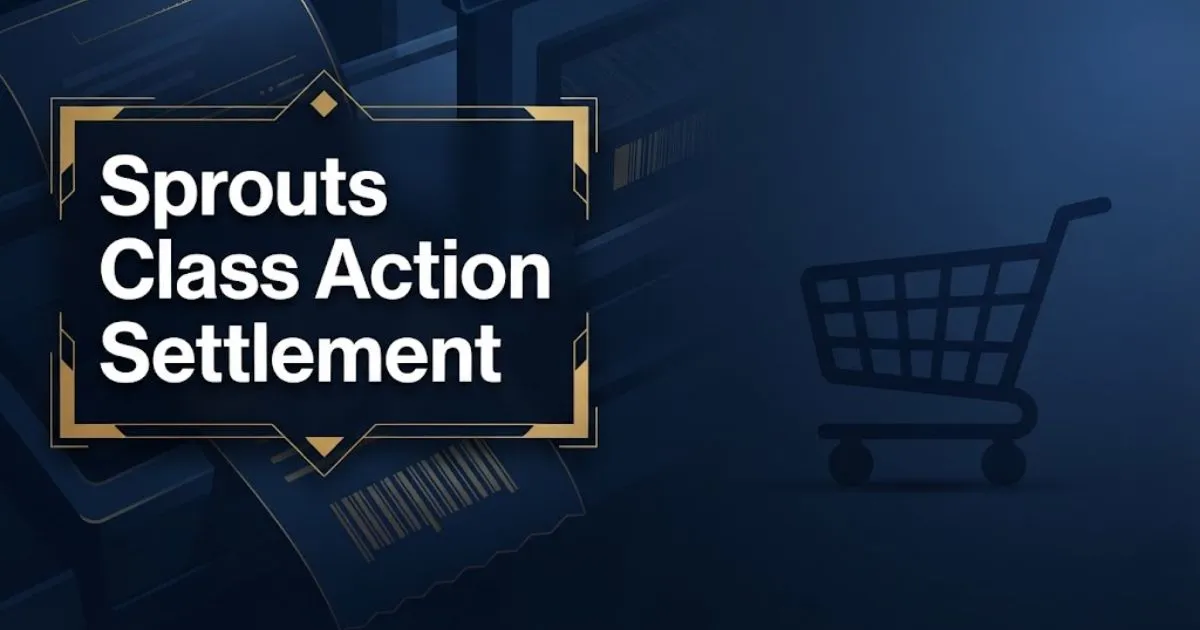 Sprouts class action settlement hero banner with navy blue grocery checkout theme and gold accents