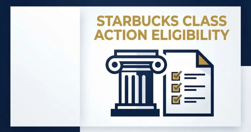 Starbucks class action lawsuit eligibility graphic showing courthouse and document icons
