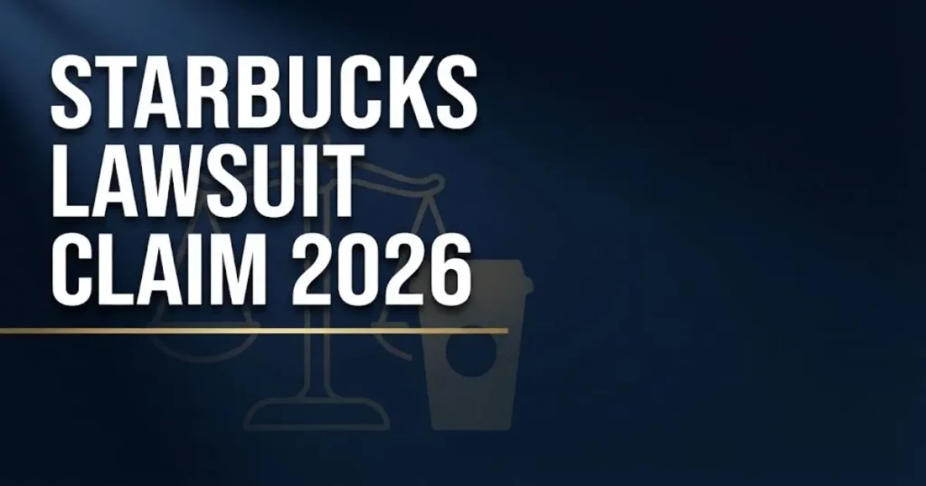 Starbucks lawsuit claim 2026 hero banner with scales of justice and coffee cup icon on navy background