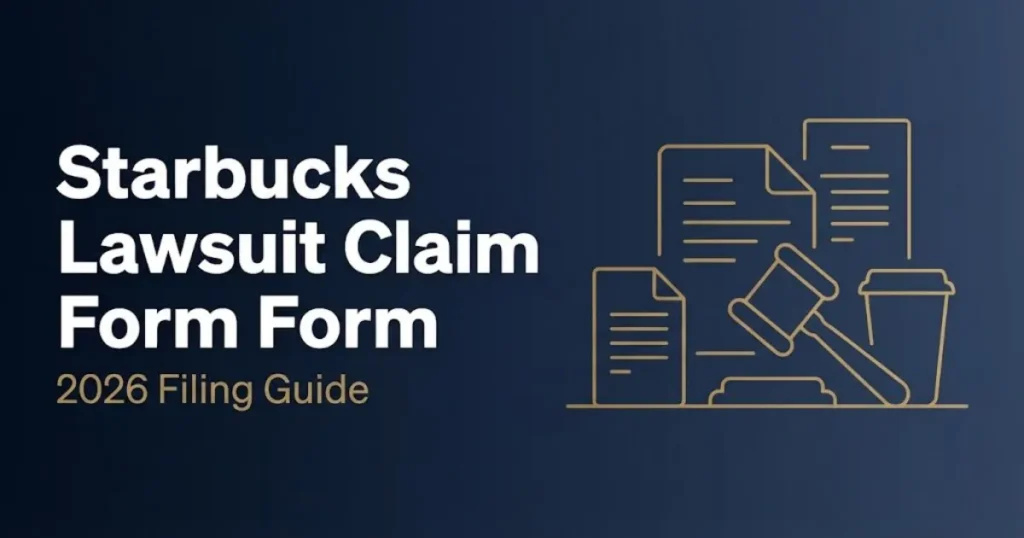 Starbucks lawsuit claim form 2026 hero banner with legal document icons and coffee cup silhouette on navy background