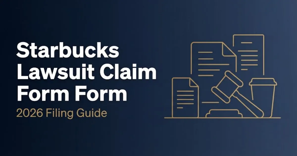 Starbucks lawsuit claim form 2026 hero banner with legal document icons and coffee cup silhouette on navy background