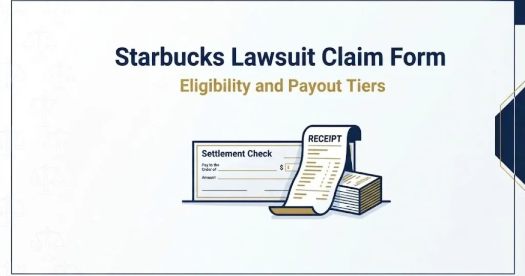 Starbucks lawsuit claim form eligibility and payout tiers graphic with settlement check illustration on white background