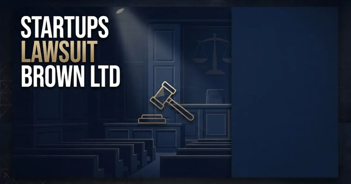 Startups lawsuit Brown Ltd hero banner with courtroom theme and gold legal scales on navy background