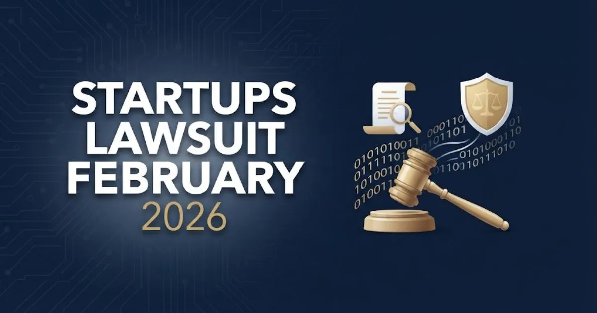 Startups lawsuit february 2026 hero banner with legal icons and navy blue background
