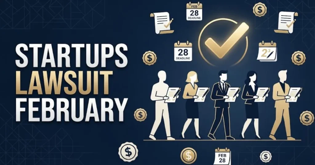 Startups lawsuit february settlement eligibility graphic with claimant silhouettes and deadline icons