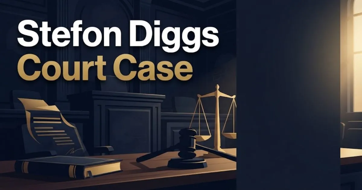 Stefon Diggs Court Case hero banner with navy courtroom background and gold legal scales graphic