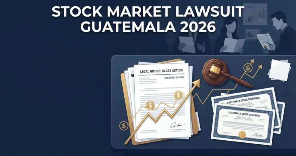 Stock market lawsuit Guatemala 2026 supporting graphic with legal documents and financial charts