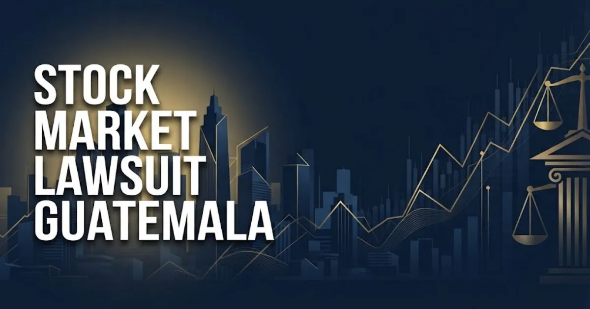 Stock market lawsuit Guatemala hero banner with financial skyline and legal symbols in navy and gold