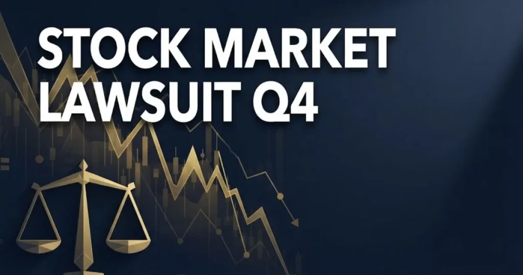 Stock market lawsuit Q4 hero banner with falling chart lines and scales of justice on navy background
