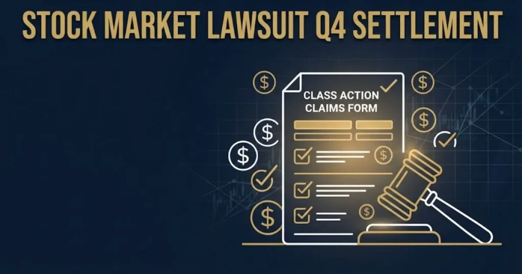 Stock market lawsuit Q4 settlement graphic with claims form illustration and gavel on navy background