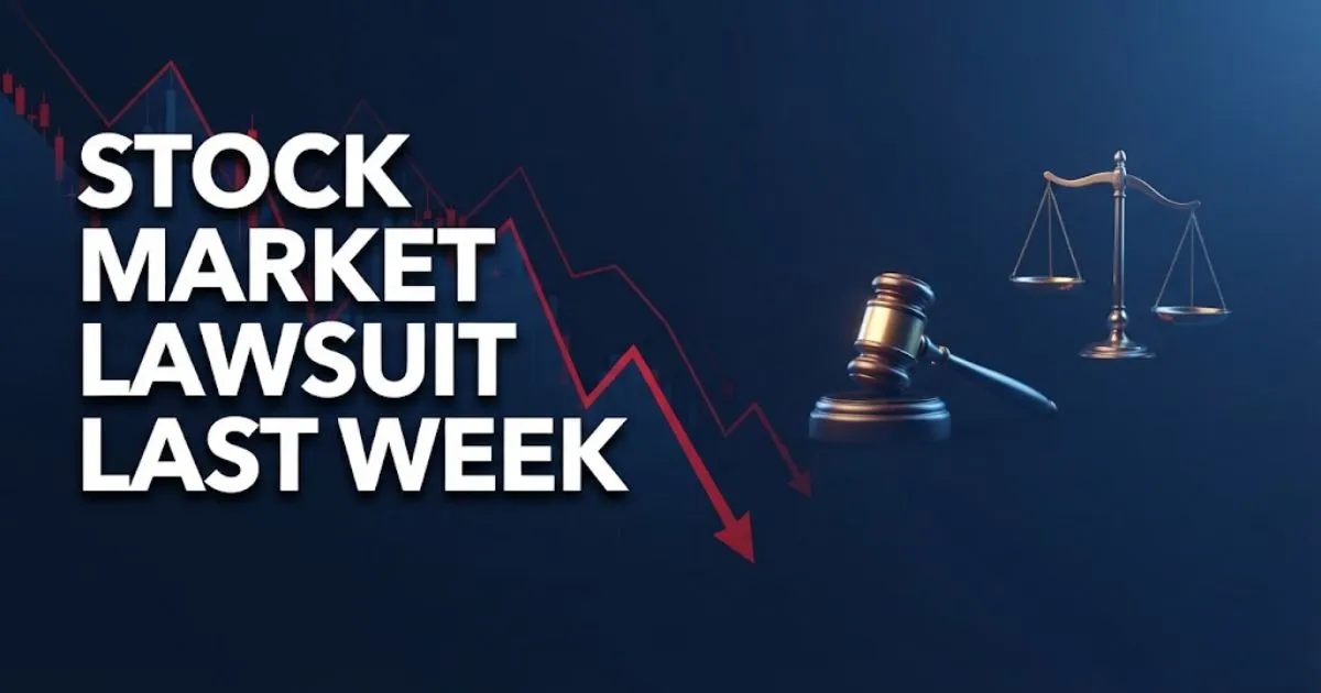 Stock market lawsuit last week hero banner with downward chart and gold gavel icon on navy background