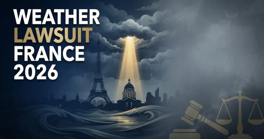 Stormy Paris skyline with bold text reading Weather Lawsuit France 2026 and gold legal symbols on navy background