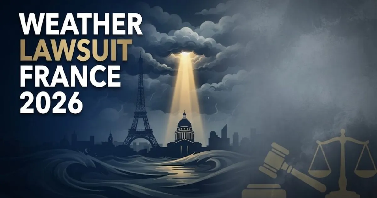 Stormy Paris skyline with bold text reading Weather Lawsuit France 2026 and gold legal symbols on navy background