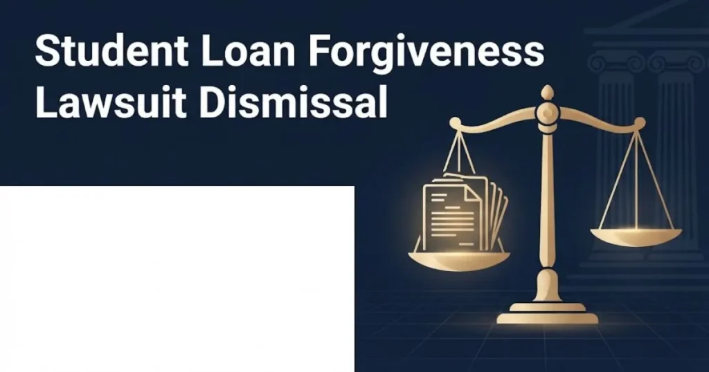 Student loan forgiveness lawsuit dismissal graphic with gold balance of justice scale and courthouse columns on navy background