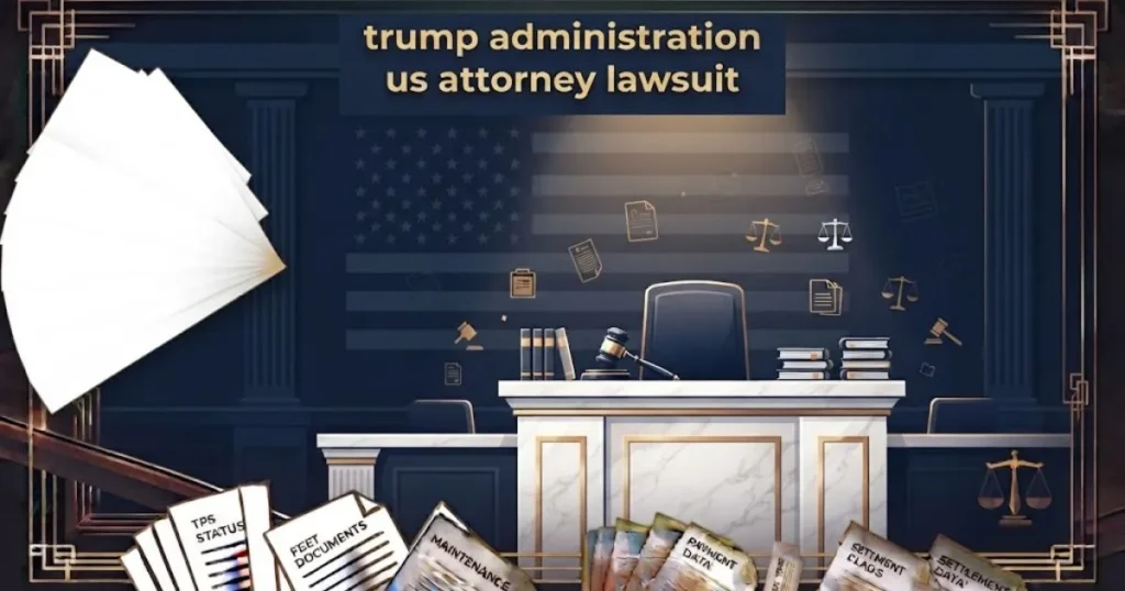Stylized courtroom illustration with legal documents and trump administration us attorney lawsuit title text in navy and gold tones
