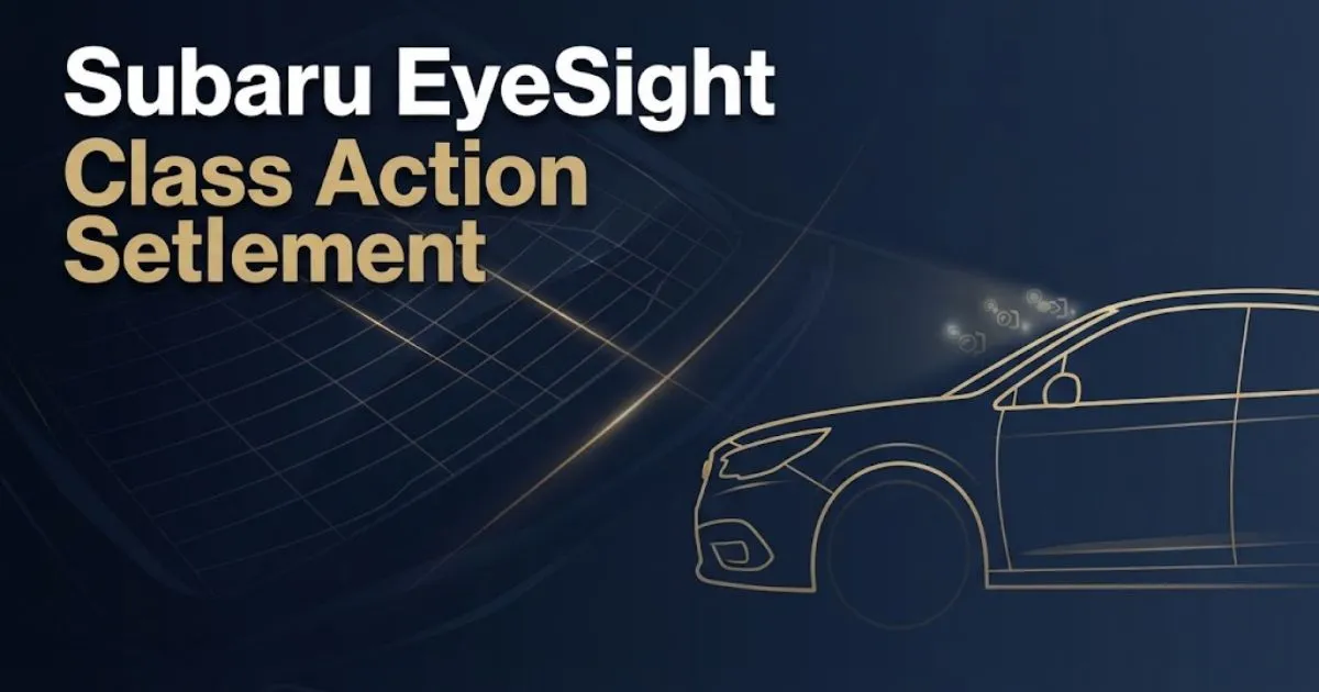 Subaru EyeSight class action settlement banner with navy background, gold text, and stylized car silhouette