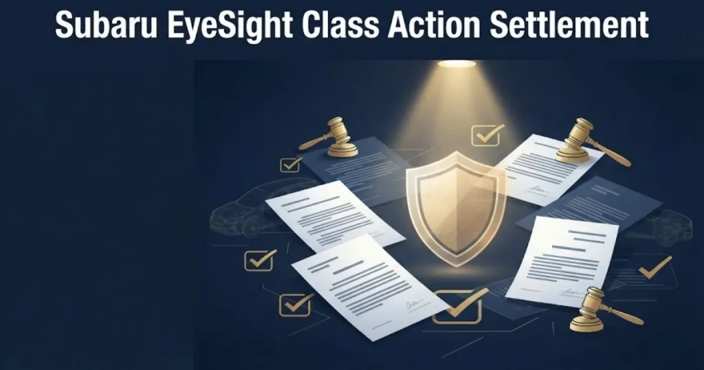 Subaru EyeSight class action settlement graphic with legal documents, shield icon, and gold accents on navy