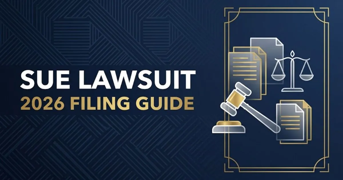 Sue lawsuit 2026 filing guide banner with gavel and scales of justice icons on navy background