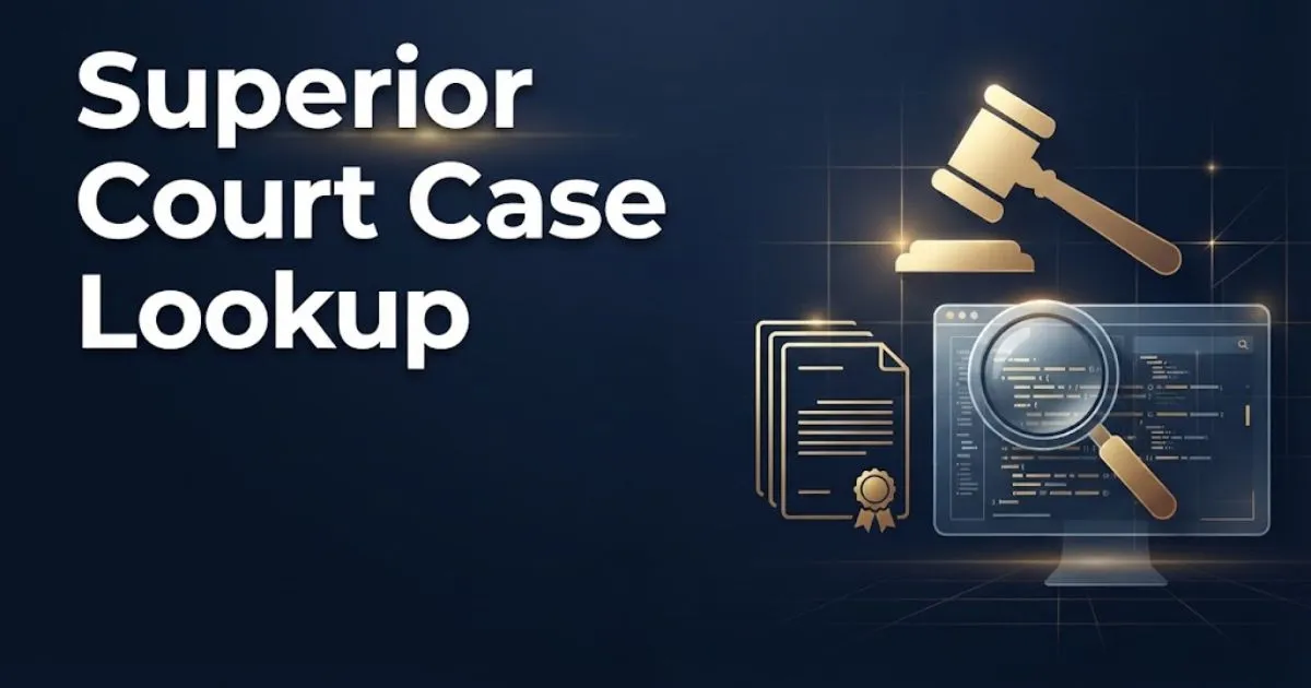 Superior court case lookup hero banner with legal icons and digital search theme in navy and gold
